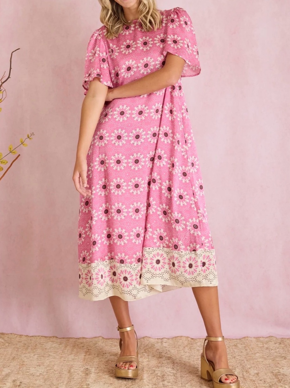 Brooks Ave Pink and Cream Floral Midi Dress